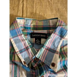 Lands end men's large short sleeve button up blue /green plaid